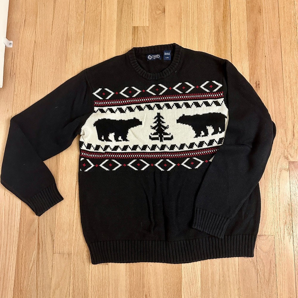 Chaps Black Sweater w/ Bear and Tree Pattern - size L